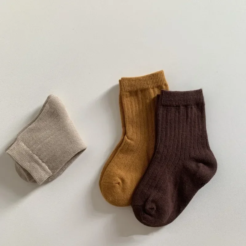 1 Pair Soft Cotton Baby Socks Milk Coffee Solid Color Series for Toddler Boy Girl School Spring Autumn Calf Socks