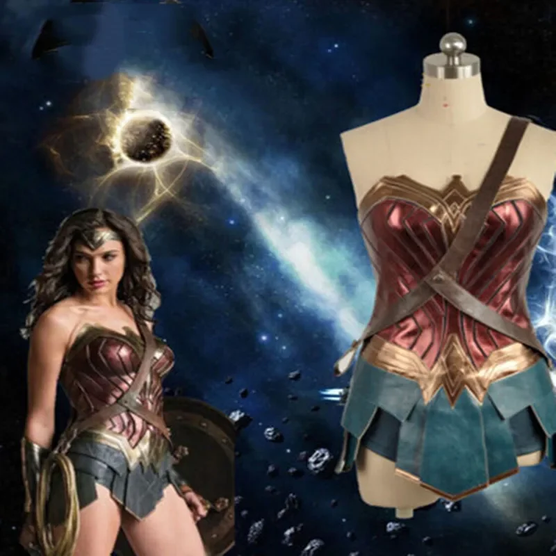 2025 New Anime Wonder Cosplay Costume Cos Woman Dress Diana Adult Brown Top Faux Leather Corset Shorts +Girl Wig Accessories abc