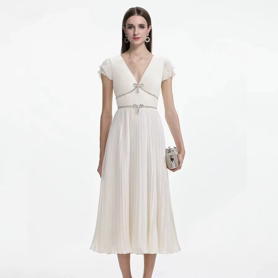 

Luxury Crystal Diamonds Bow Beige Formal Occasion Dress Women's Elegant V Neck Short Sleeve Chiffon Summer Pleated Party Dress