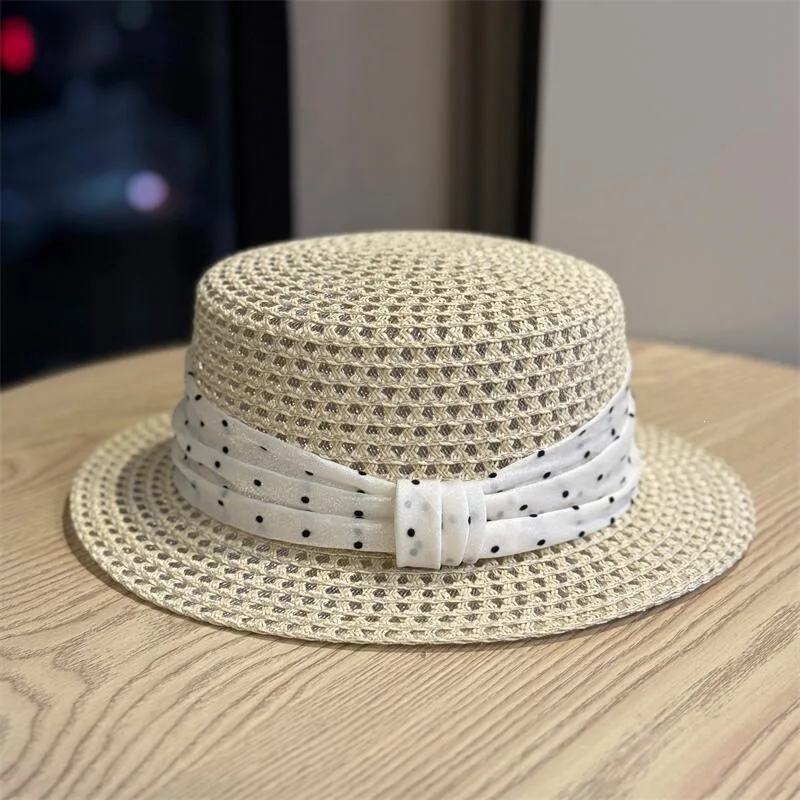 Flat Top Straw Hat Women Polka Dot Design Large Brim Outdoor Sun Protection Hat 4