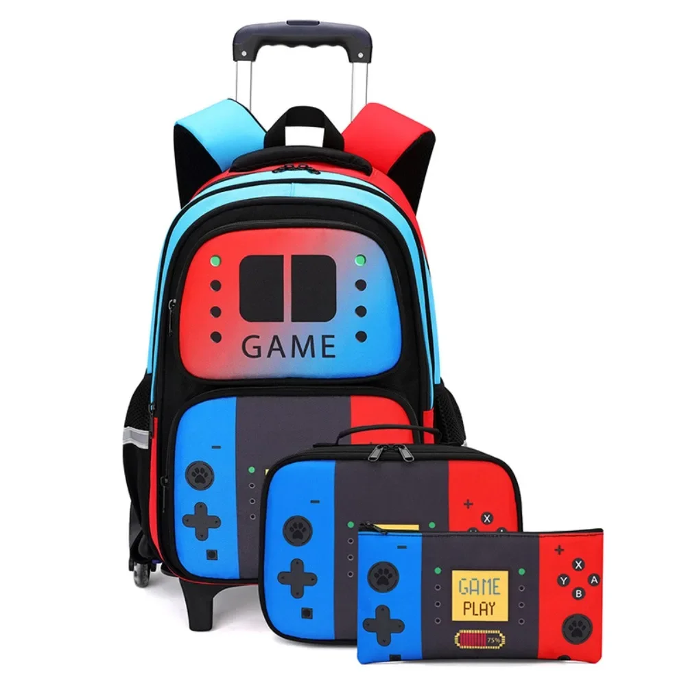 

3PCS Kids Rolling Backpack for Boys Gamer Roller Wheels Bookbag with Lunch Box Travel Lightweight Roller School Bag for Teen