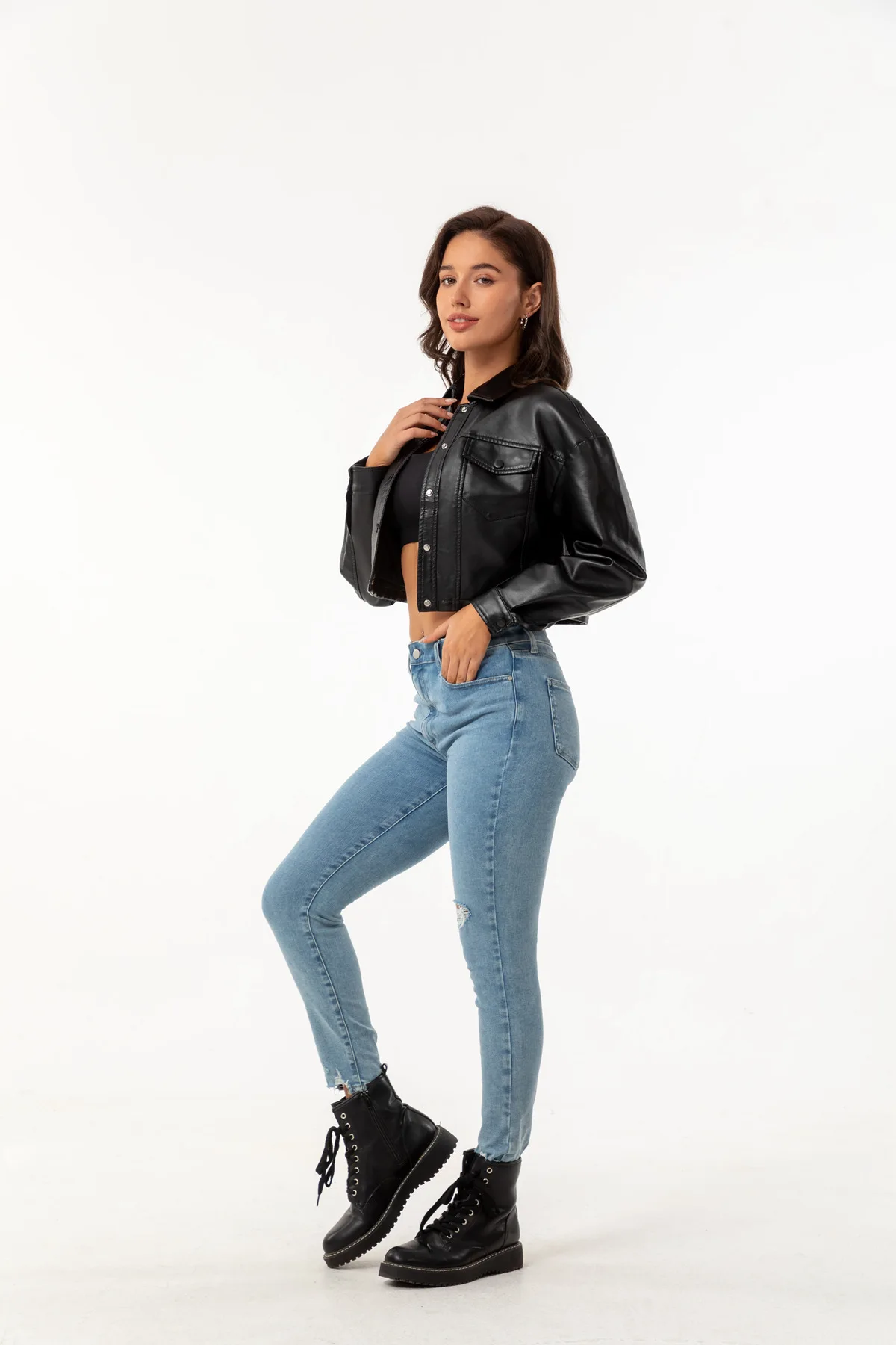 Blouson d'extérieur en cuir noir moto femme, fermeture éclair courte, col montant, printemps et automne 2024