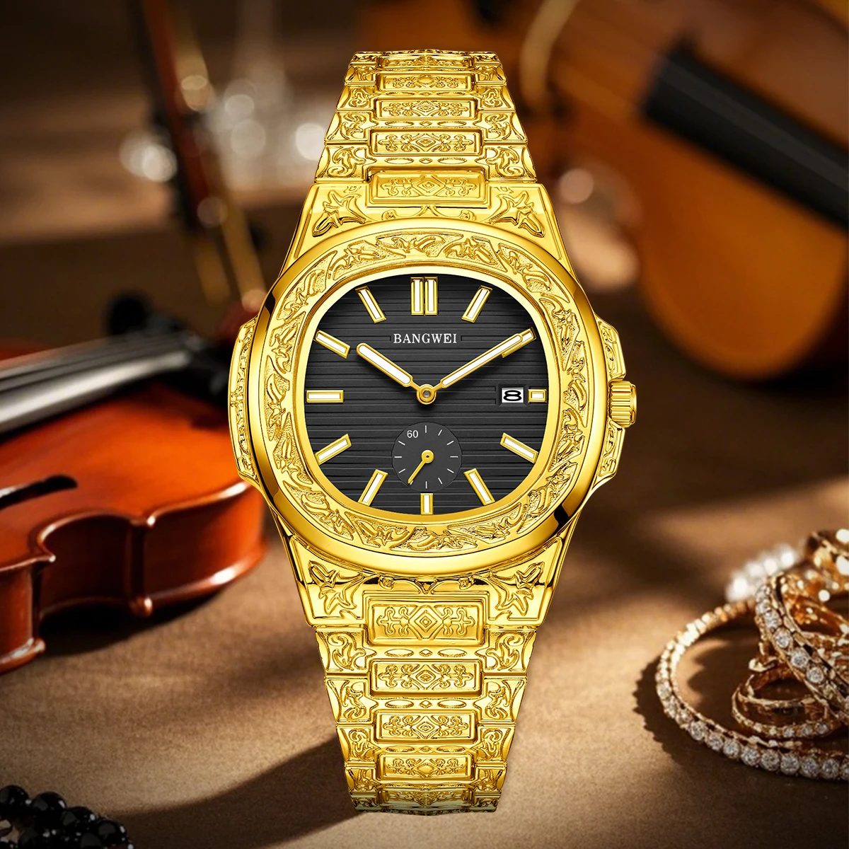 LIGE BANGWEI Quarzuhren für Herren, klassisch, Business, Freizeit, Kalender, einfach, wasserdicht, luxuriös, Diamant-Zifferblatt, Herrenuhr, Stahluhr