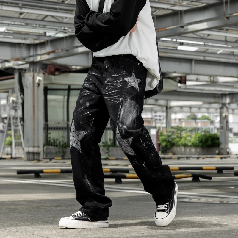 

YY18006 Новая модная технология горячего тиснения пентаграммы в американском стиле для свободных прямых джинсов