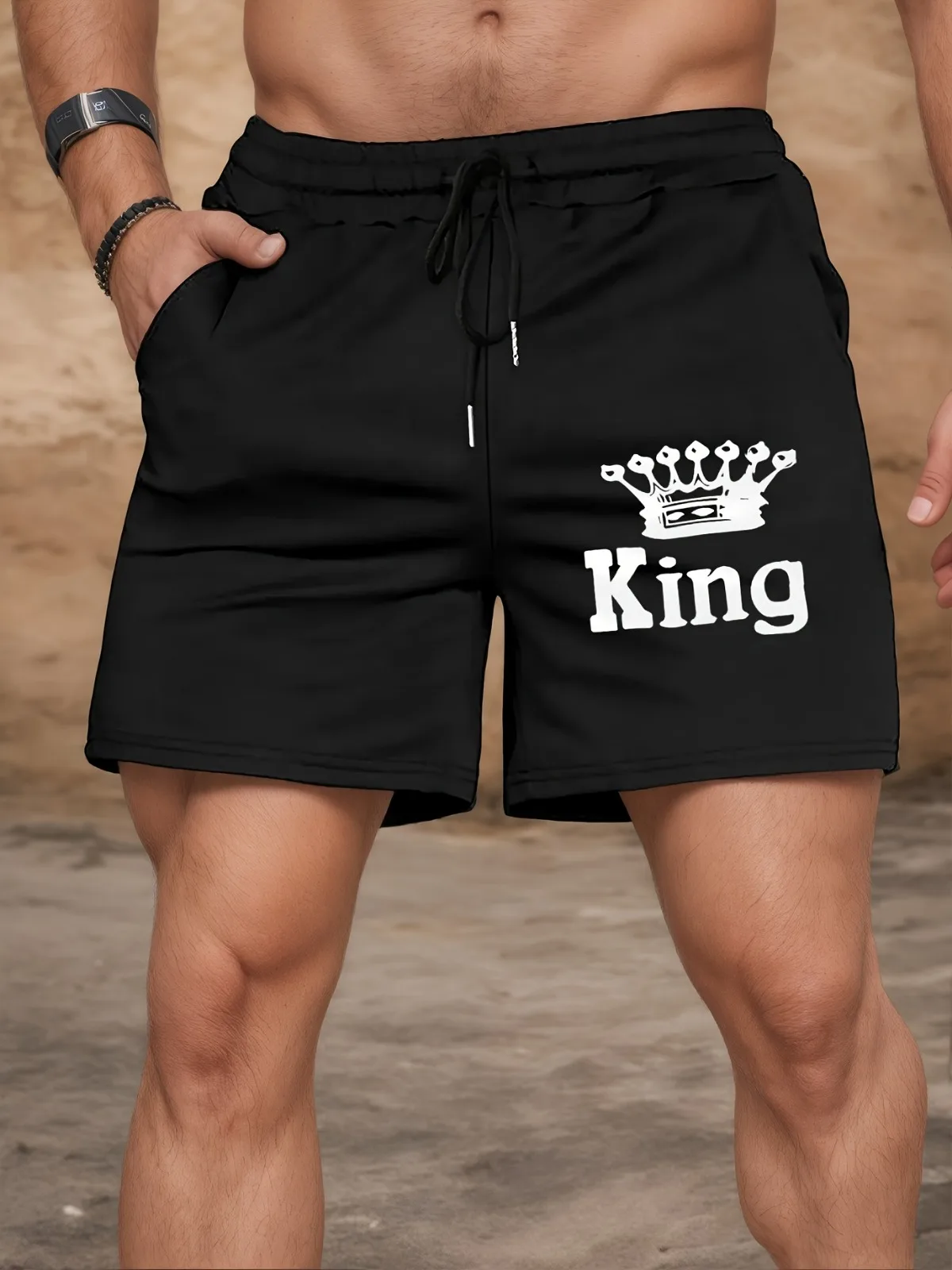 Short de sport décontracté noir tendance pour hommes, avec motif imprimé, adapté à la salle de sport, à la course, à pied, à l'entraînement, équipement d'été