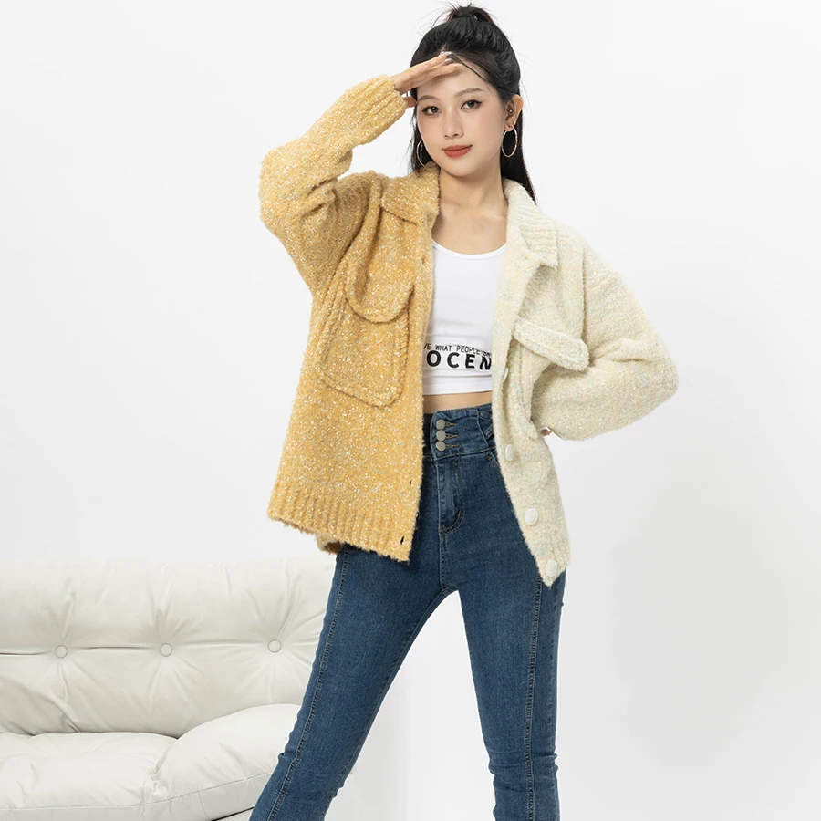 Korean Style Autumn Winter Women Girl Casual Spliced Contrast Color Sweater Coat Colourful Fashion Design Loose Knitted Cardigan