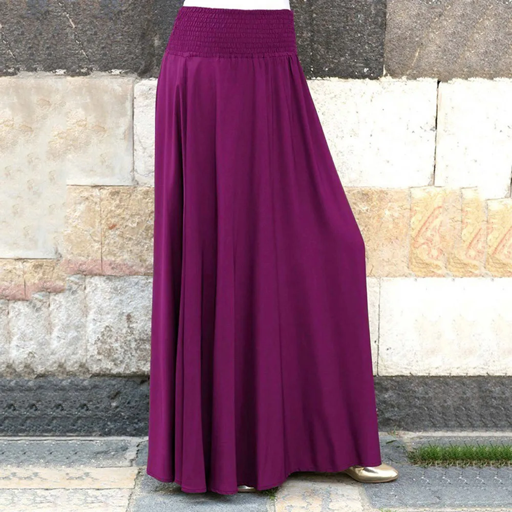 

Women Fashion Elastic High Waist Solid Color Pleated Skirt Vintage Casual A-line Loose Long Skirts Female Ankle-length Skirts