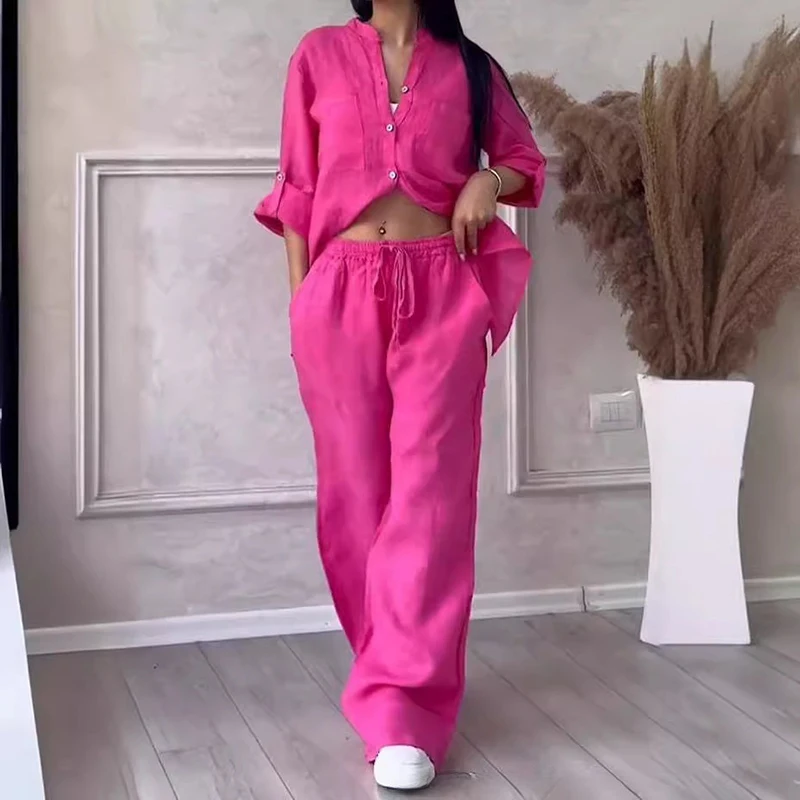 

Women's Fashion Wide Leg Trousers 2 Piece Sets New Solid Color V Neck Single Breasted Shirt Lace Up with Pocket Long Pants Suit