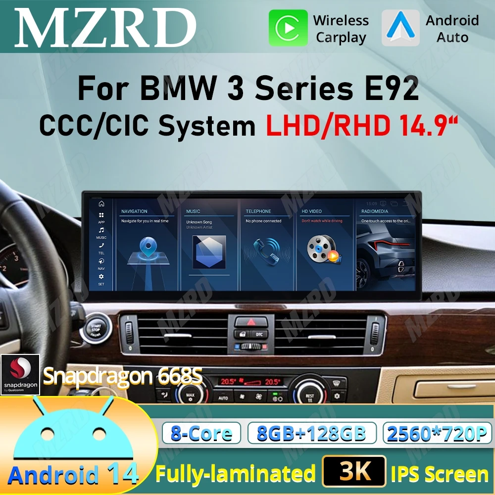 

MZRD 14.9'' Android14 For BMW 3 Series E92 CCC/CIC LHD 2006-2010 Wireless CarPlay Auto Car Multimedia Player GPS Headunit Smart