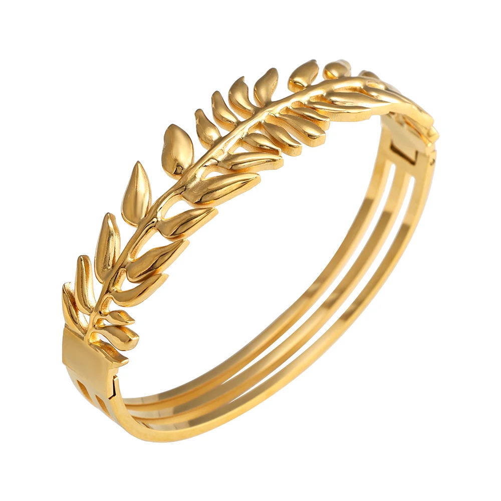 JINHUI Leaf Bangle Stainless Steel 18K Gold Plated Waterproof Fade Resistant Daily Wrist Jewelry Women