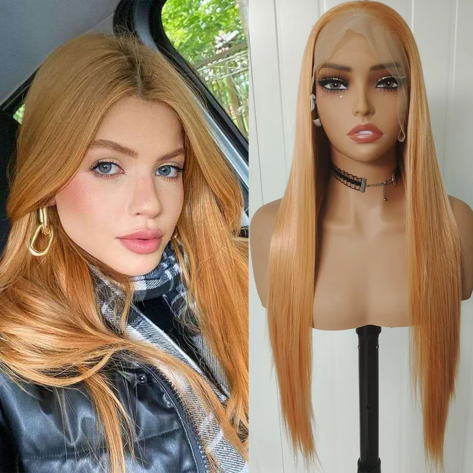 

WIF Light Orange Synthetic Wig 13 x 4 Lace Front Wig Women Daily Use Natural Hairline Long Straight Free Part Hair