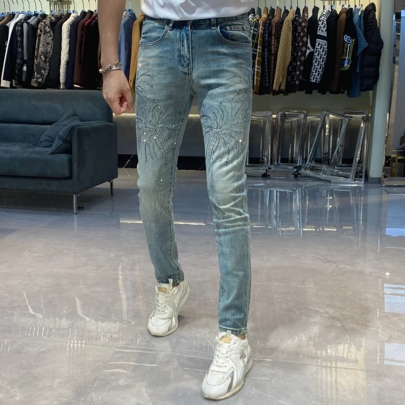 New Stylish Print Rhinestone Jeans Masculina  Autumn Men Slim Fit Jeans Hombre Streetwear Jeans Hombre Vaqueros Hombre 2025