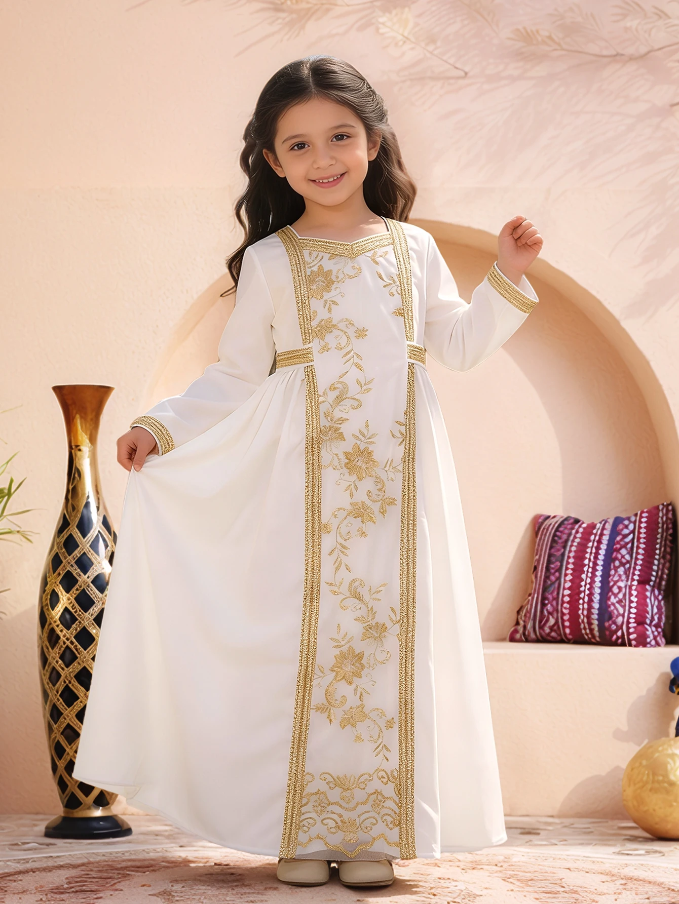 White Gold Heavy-Embroidered Girls' Abaya Muslim Kids' Arabic Robe Daily / Festive Multi-Use Outfit