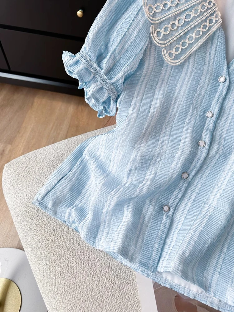 Summer Thin Blue Doll Collar Shirt Women 2024 New High Quality French Style Sweet Puff Sleeve Ruffled Stitching Top Trendy