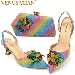 Elegant And Sexy Rainbow Color High Heels Shoes And Bag With Rhinestone Embellished Toe Is Comfortable Women's Shoes For Party