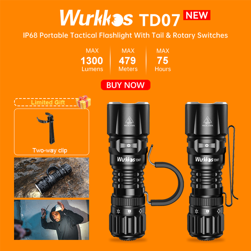  Wurkkos TD07 18350 Tactical Flashlight 1300LM 479M Long Throw IP68 Waterproof Dual Switch & Ring Handle for Police/Daily Use 