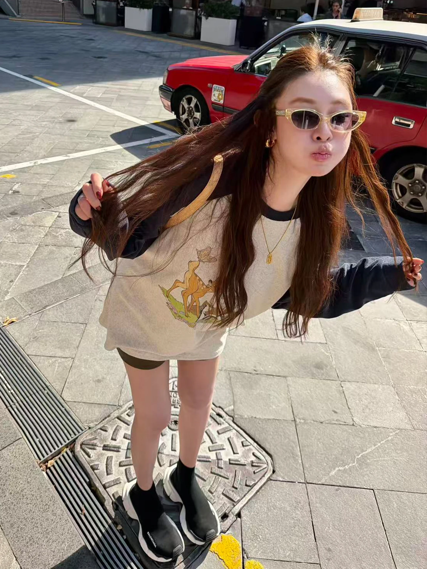 

Spring Loose Women's Long Sleeve T-Shirt Towel Material Printed Base Shirt Color Block Casual Style Cotton Polyester Blend