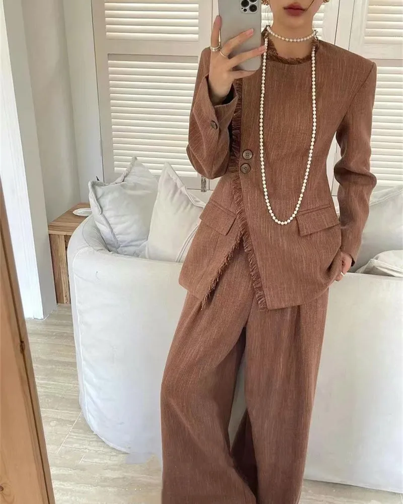 Ensemble veste et pantalon décontractés pour femmes, design à franges, printemps et automne, nouveau, 2 pièces, 2024