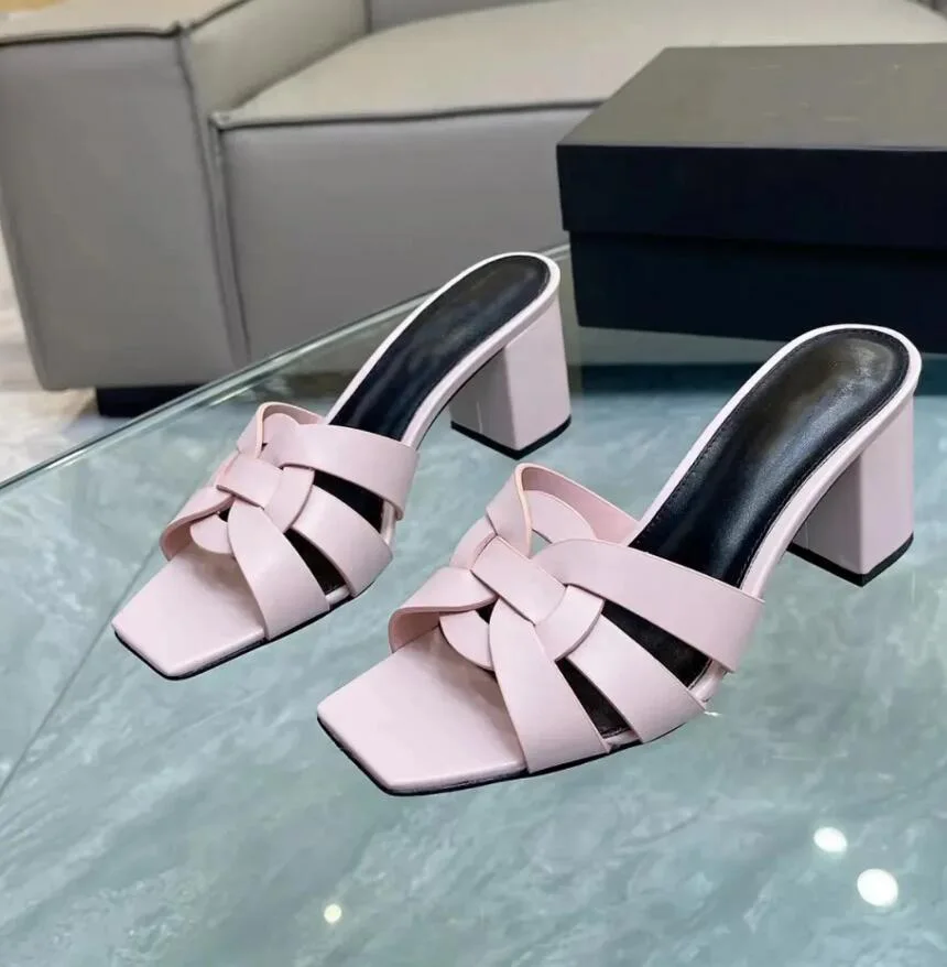

Leather Cross Tied Knot Women's Genuine Leather Mules Braid 6cm Block Heeled Cross Woven Slippers Leather Sole Summer Shoes