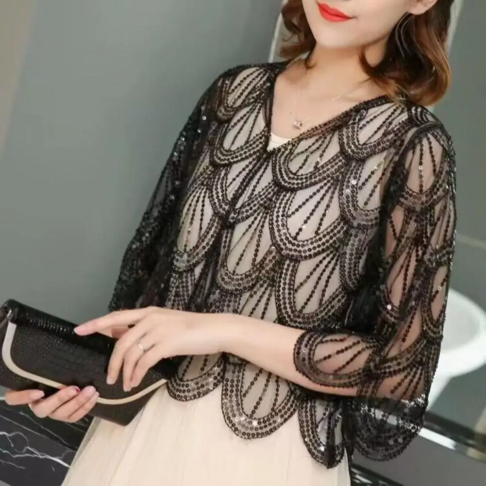 

Mesh Sequin Shawl Elegant Sequin Mesh Women's Cardigan for Prom Formal Occasions Sheer Half Sleeves V Neck Summer Outerwear Coat