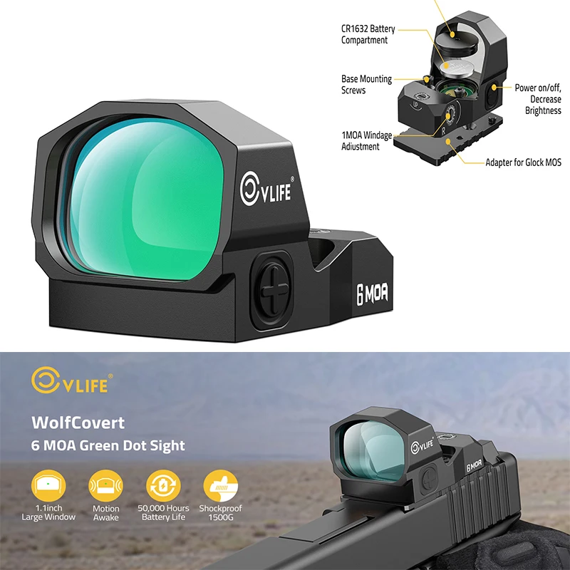 

CVLIFE Motion Awake 6 MOA Green Dot Sight for Pistol Handgun Open Reflex Optics Sights with Adapter for MOS & 21MM Picatinny