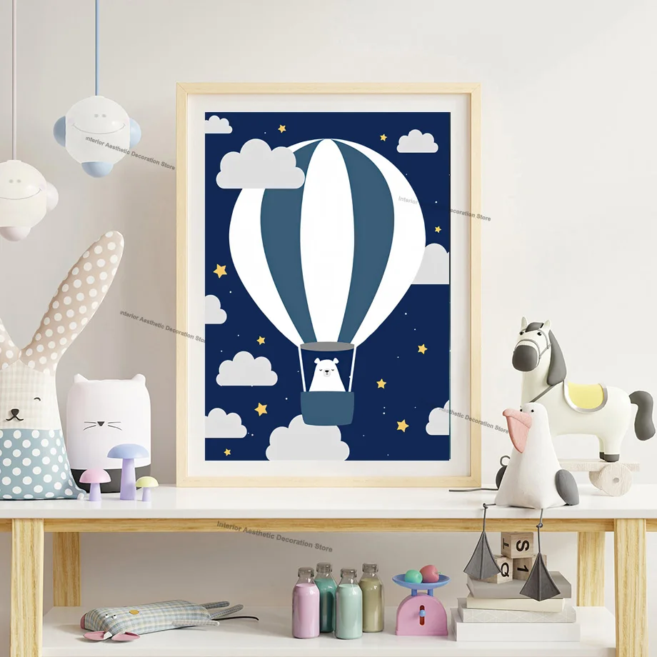 Cartoon Hot Air Balloon Rocket Moon Bear Whale Nursery Wall Art Canvas Painting Posters And Prints Pictures Baby Kids Room Decor