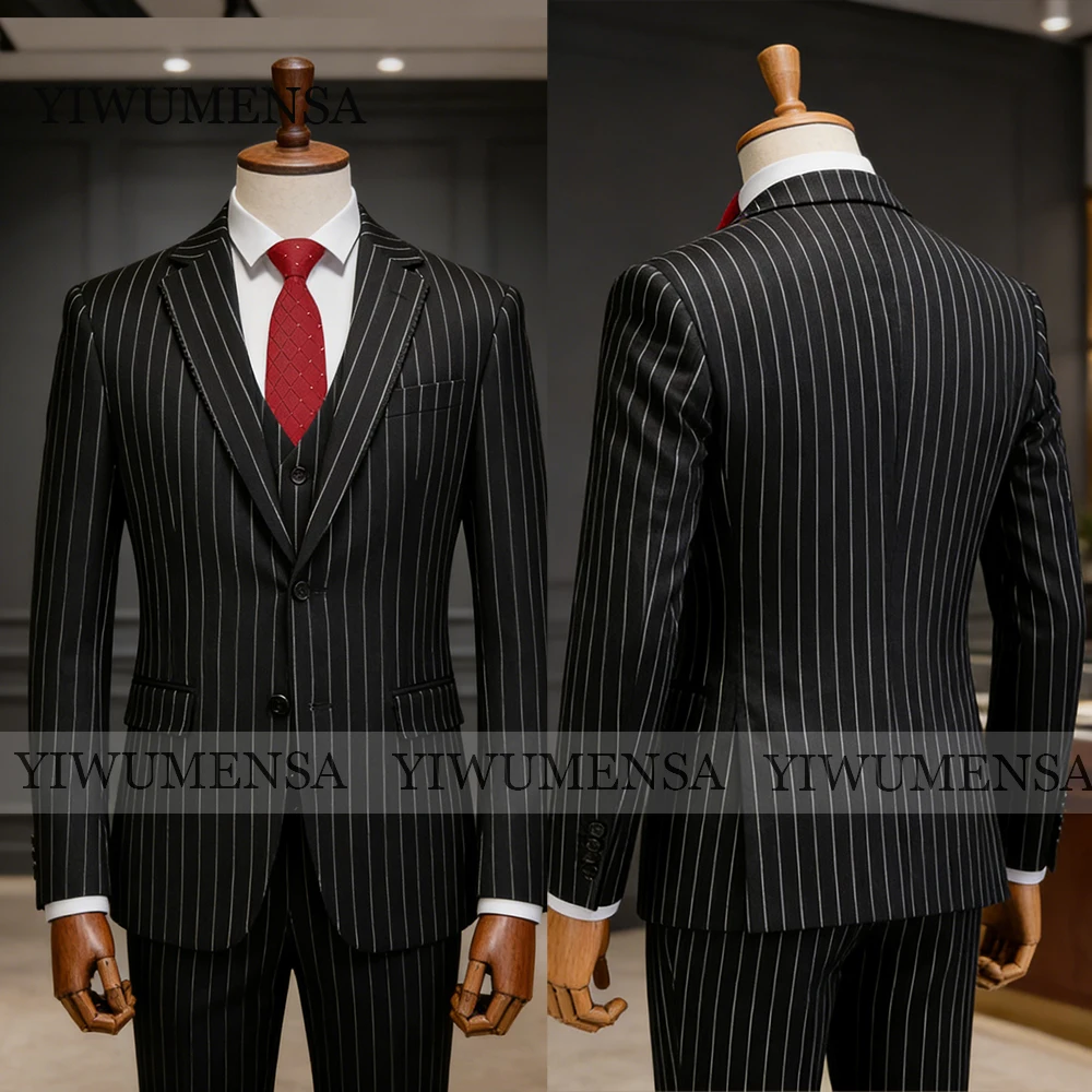 

Elegant British Style Suits Men 2 Piece Sets Vertical Stripes Jacket Pants Customized Single Breasted Jacket Pants Groom Tuxedos