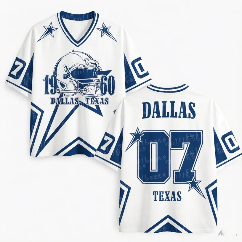 V-Ausschnitt Mesh-Trikot Blue Star Football Helmet Texas City Vorder- und Rückseite Nummer 07 Kurzarm-Sportoberteile T-Shirts für die ganze Familie – Detail 5