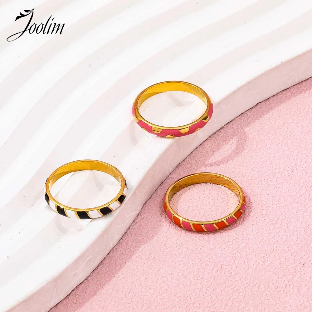 Joolim Jewelry Wholesale High End PVD Fashion Sweety Art Arc Drops Glue Multi-colored Band Stainless Steel Ring For Women