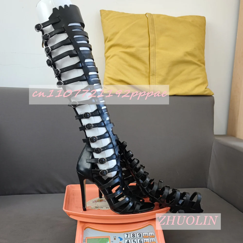 

Summer Black Belt Buckle Stiletto Sandals Boots Sexy Round Toe Hollow Knee-High Boots Elegant Party Dress Evening Shoes Women 46