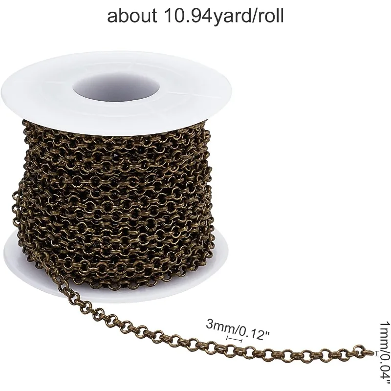 About 10 m 32.8 Feet Iron Rolo Chains Unwelded Findings with Spool Lead Free and Nickel Free Chains Antique Bronze Color