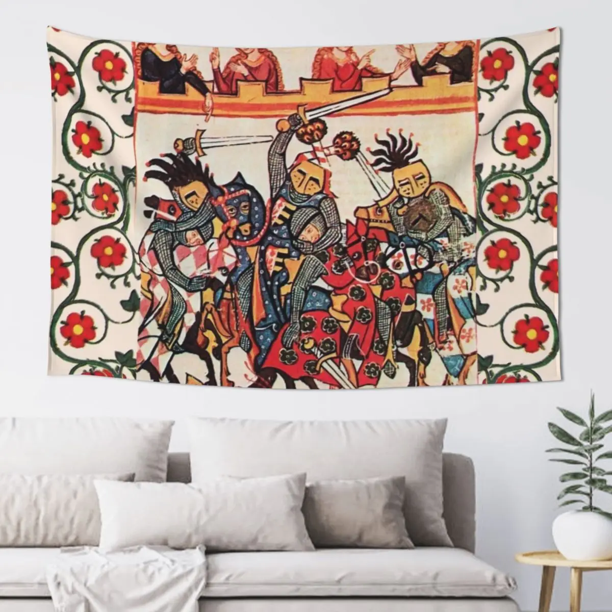 

MEDIEVAL TOURNAMENT, FIGHTING KNIGHTS WITH DAMSELS AND RED WILD ROSES Tapestry Decorations For Room Tapestry