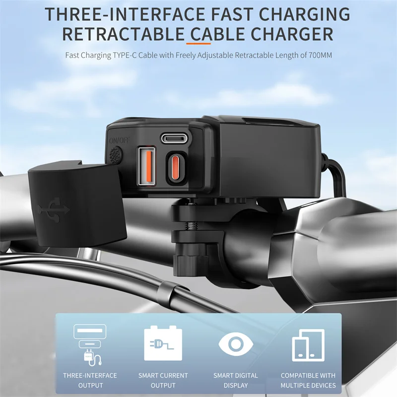 78W Digital Motorcycle USB Quick Charger PD30W+QC3.0 Retractable Cable Voltmeter Independent Switch for Motorbike