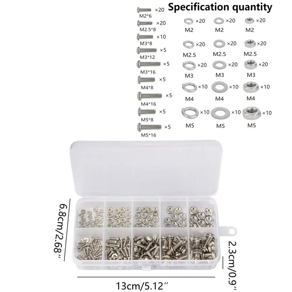 320pcs Round Head Screw Retainer Fastener Hardware Washer Nut Bolt M2 M2.5 M3 M4 M5 Structure Joint Connector Replacement Tool