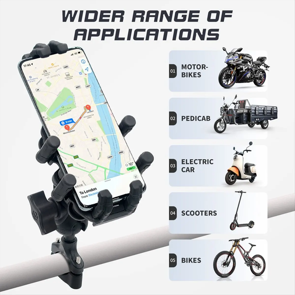 

AB31 Motorcycle Phone Mount with Vibration Dampener, 1-Hand Operation Motorcycle Bike Scooter ATV Handlebar Holder