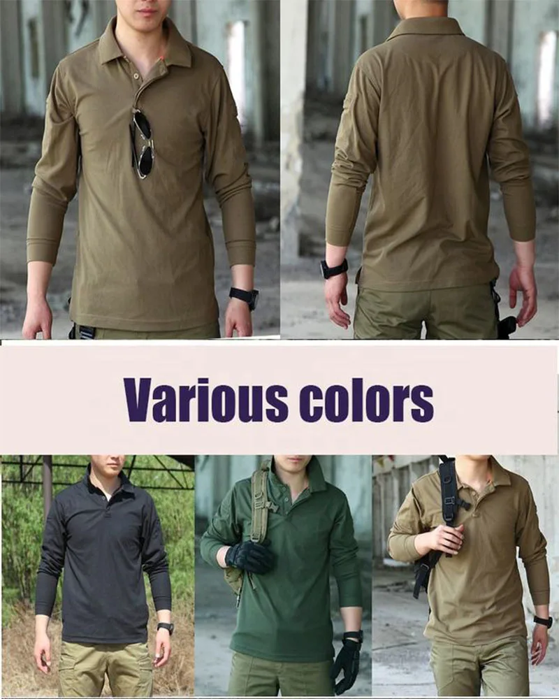 Men's Long Sleeve Tactical Training Shirt Outdoor Fitness Polo Shirt Spring Autumn Fitness Wear with Collar Army Style PT Shirt