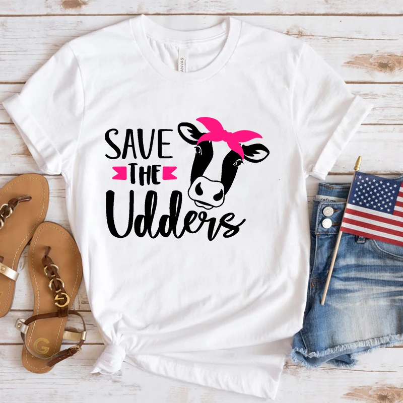 New Fuuny Breast Cancer Awareness Save The Udders Letter Printed Unisex Men'S And Women'S Fashion Short Sleeve Tops