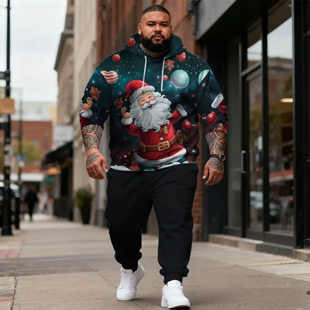 Men's Plus Size Christmas Hoodie and Jogger Pants Set, Santa or Snowman Prints with Winter Scenes for Festive Gatherings S-9XL