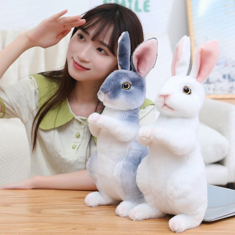 Realistic Kawaii Rabbits Plush Toy Simulation Animal Cute White Grey Bunny Doll Real Life Model Props Girls Kids Birthday Gift