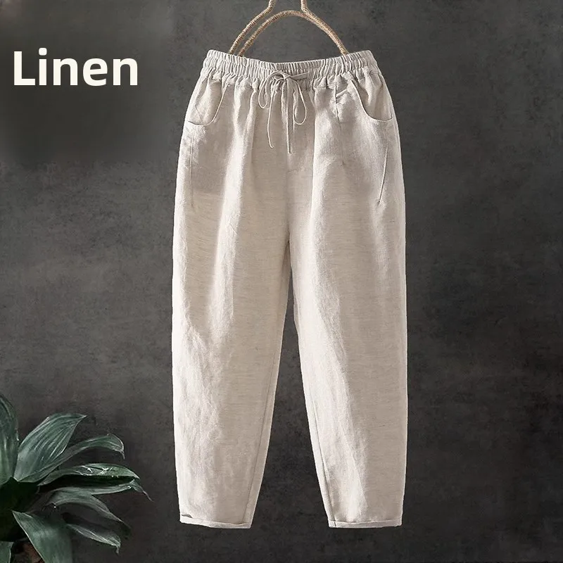 

Linen Cotton Women's Summer Pants Loose Wide Leg Harlan Nine Point Breathable Faion Casual Straight Leg Trousers