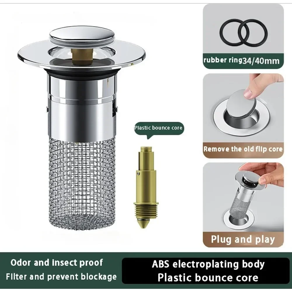 Washbasin Leakage Plug Washbasin Universal Accessories 1PCS, Stainless Steel Anti-odor Bouncy Core, Press Sink Drainage,