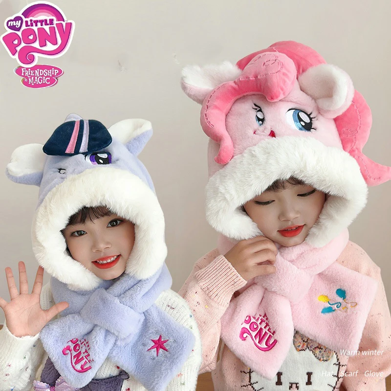 My Little Pony Plush Hat Cartoon Cute Pinkie Rainbow Dash Pie Scarf 3-In-1 Thermal Set Casual Fashion Girl Accessories for Gift