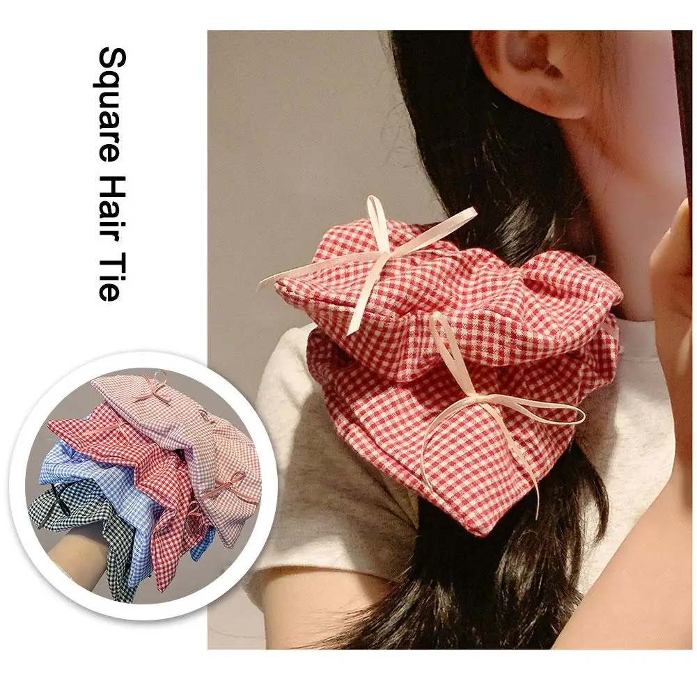 

Korean Plaid Bow Ribbon Square Scrunchie Headdress for Women Girls Creative Design Ballet Style Hair Band Hair Accessories F1V0