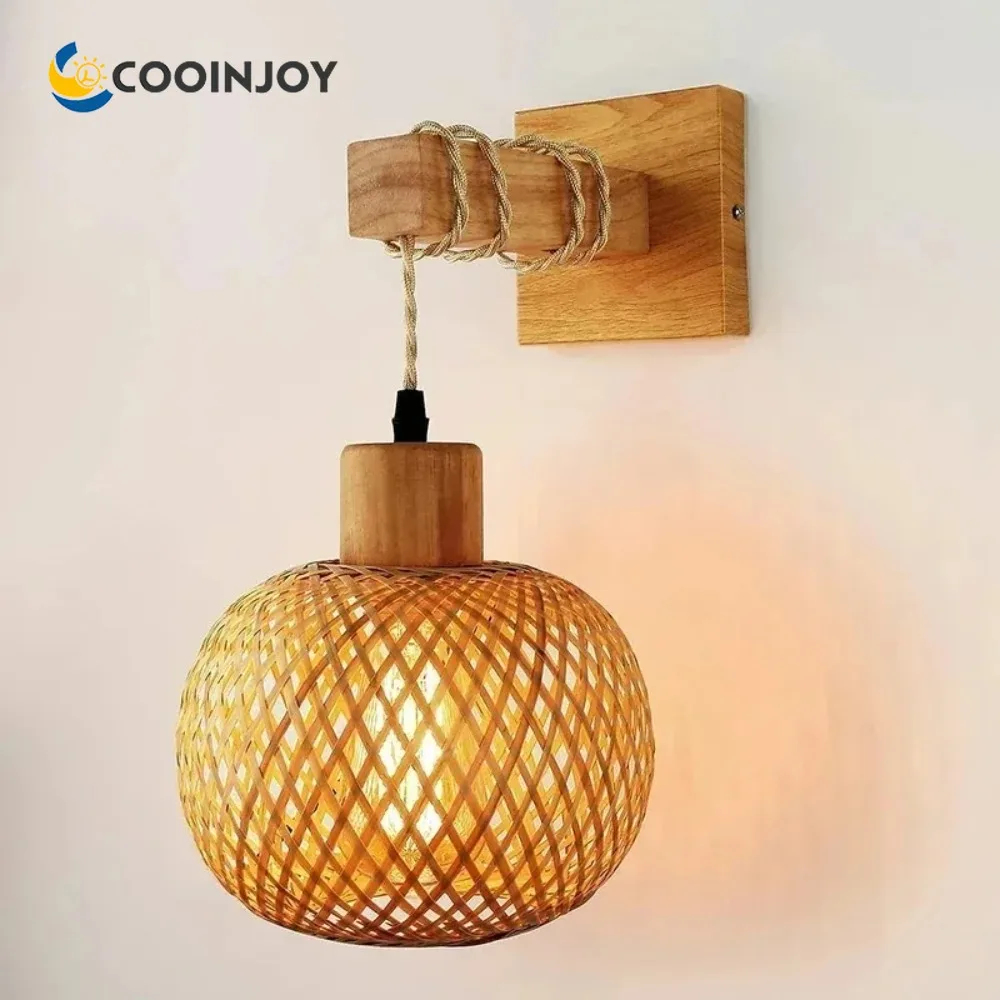 

Деревянный настенный светильник COOINJOY с плетеными люстрами из бамбукового ротанга E27, декоративные настенные светильники для дома, гостиной, светильники