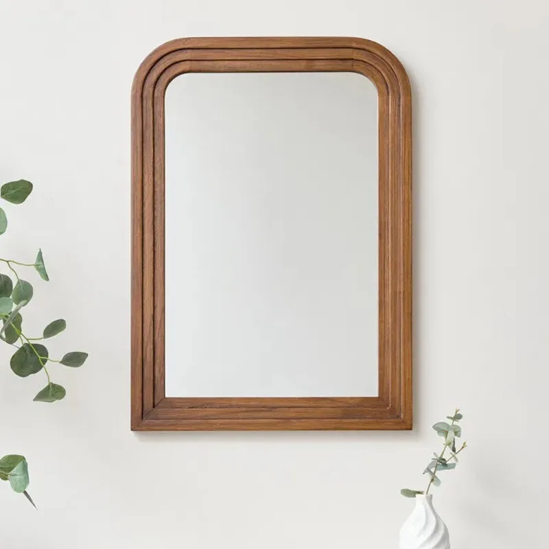 Medieval style multi-layer stacked edge arched wall hanging mirror walnut color