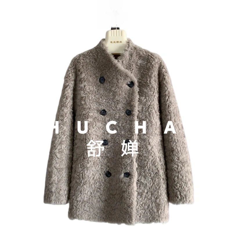

100% wool Stand-up collar coat women's winter new warm double-breasted sheep shearing fur integrated women's thick