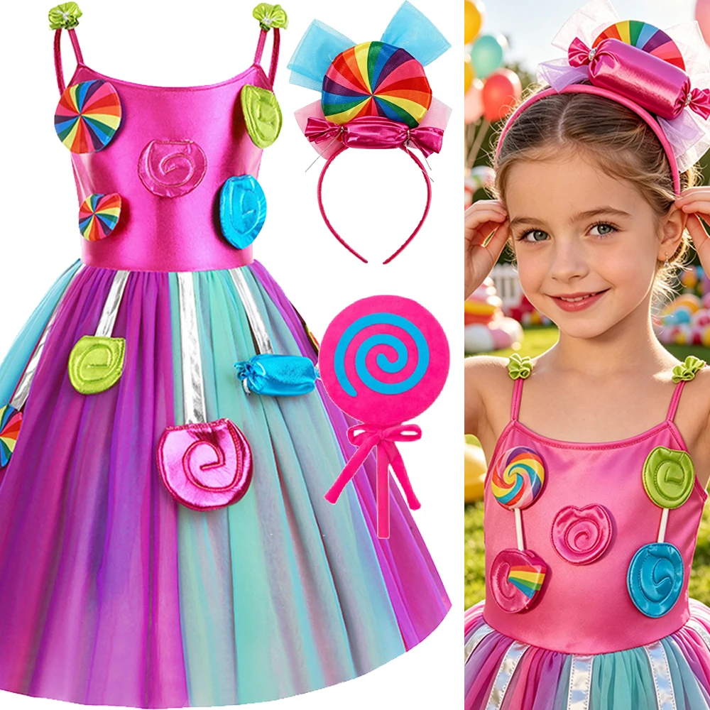 Purim Festival Suspender Rainbow Dress For Girl Candy Lollipop Costume Party Gift Candy Dress