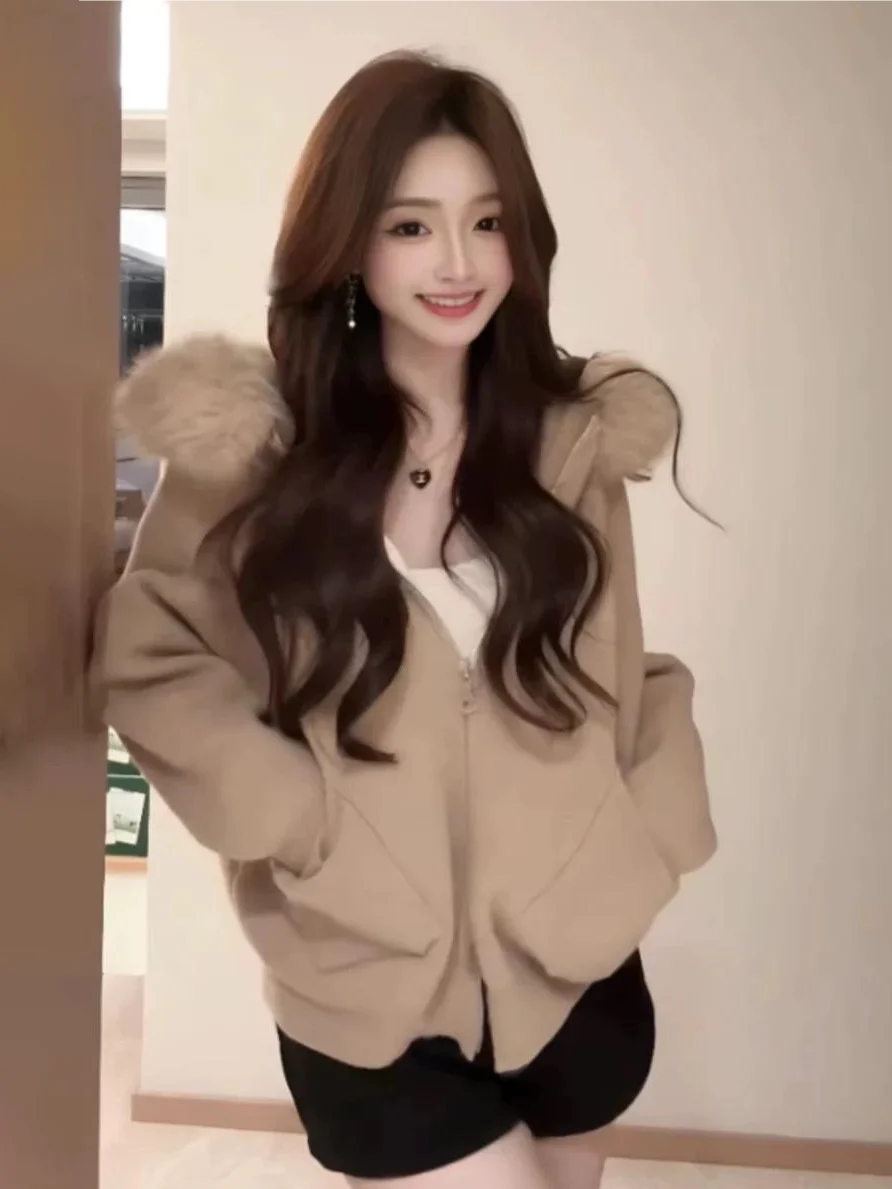 

plus Size Knitted Hoodie Cardigan Women's Spring Autumn Soft Style Age Reduction Sweater Jacket Elastic Regular Fit Korean Style