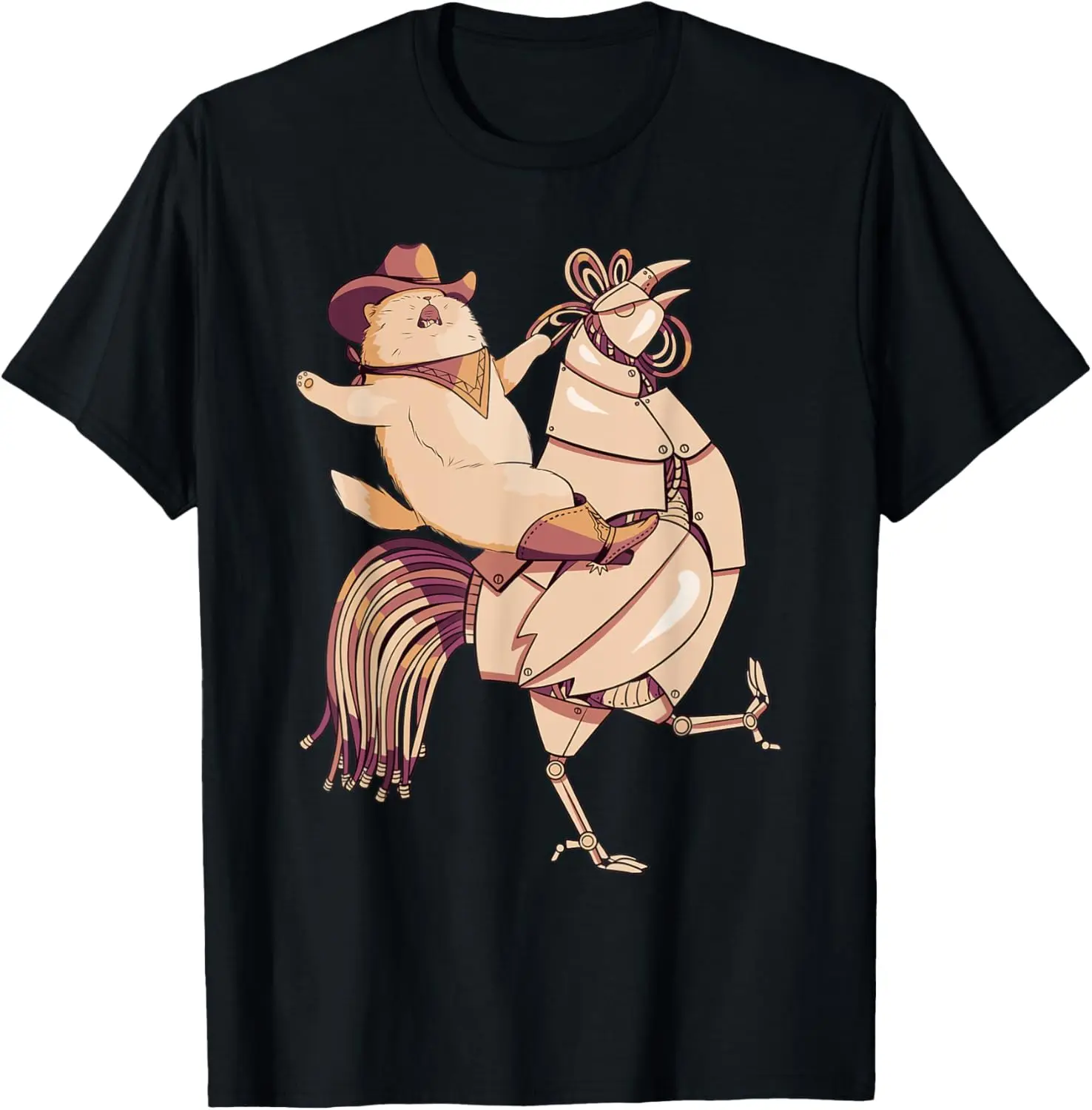 Funny Cat Cowboy Riding Robot Chicken | Wild West T-Shirt