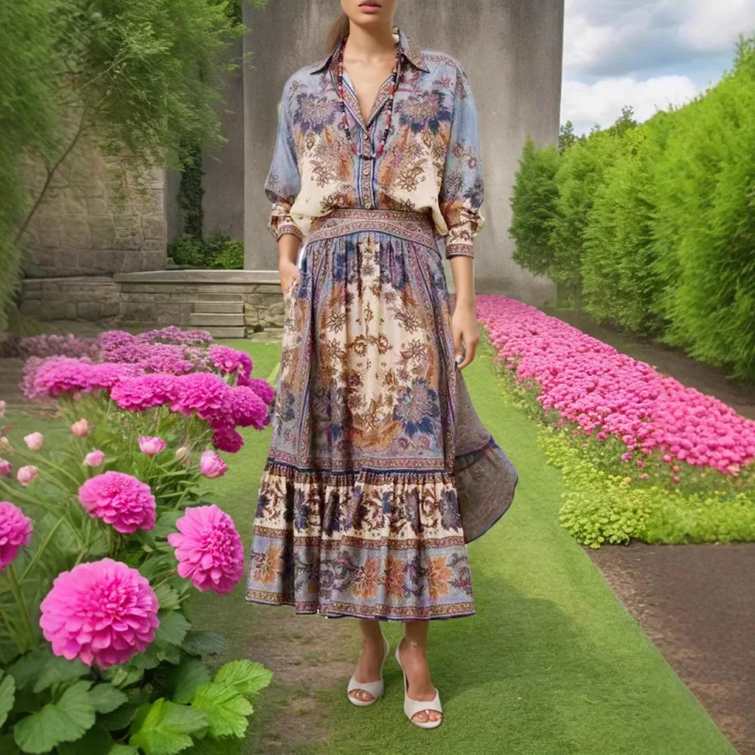 

Fashionable Street Style Printed and Painted Shirt High Waist Slim Fit Skirt Women's Set